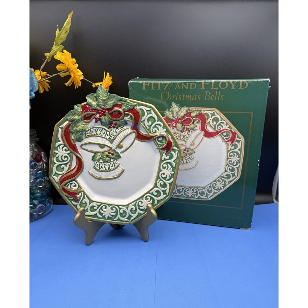 Vintage‎ Fitz and Floyd Christmas Bells Ceramic Canapé Plate, 8 1/2" Diameter